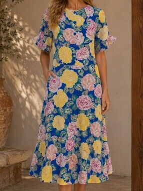Vintage Orite 80s Floral Midi Dress Cobalt Rose Drop Waist Shoulder Pads L